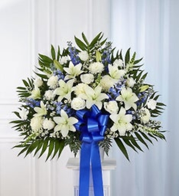 Heartfelt Sympathies Standing Basket- Blue & White
